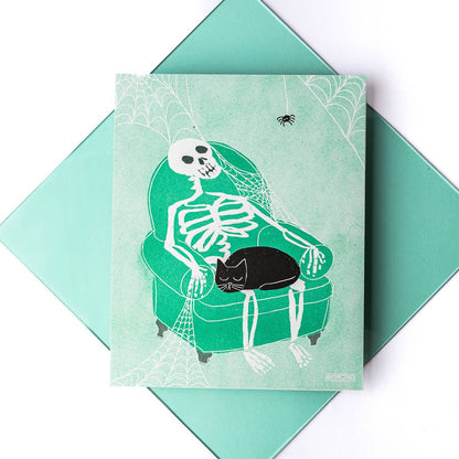 Skeleton Lap Cat Risograph Print