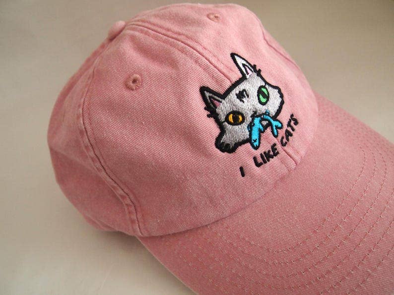 Cat face I Like Cats embroidered washed pink vintage style baseball cap