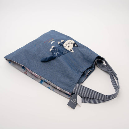 Kusuguru Japan Cats Embroidered Large Tote Bag - Blue