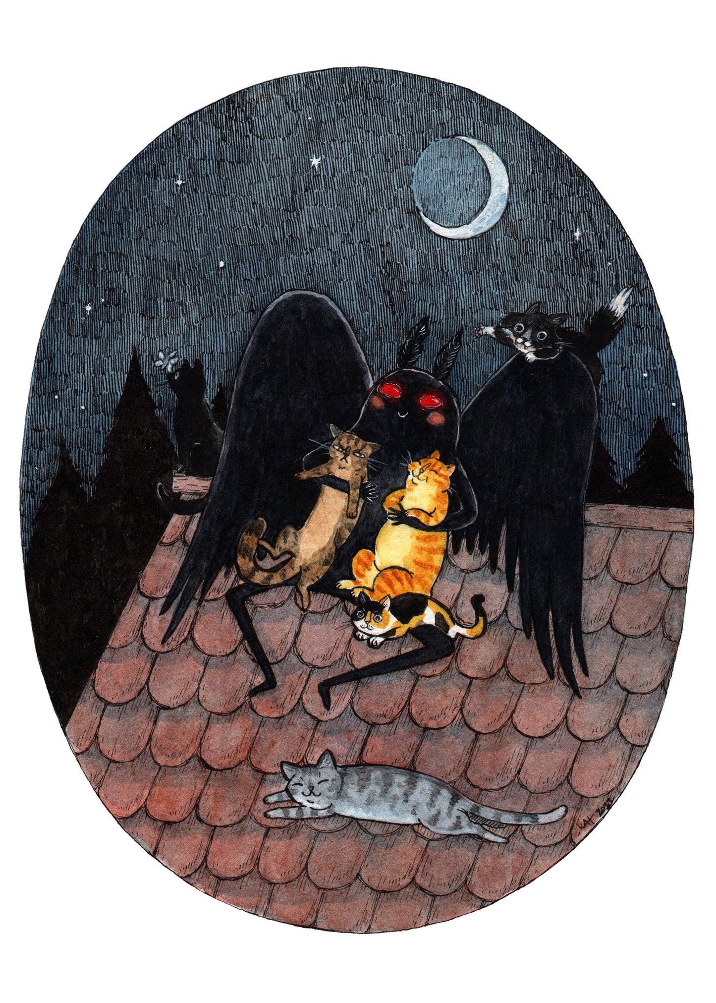 Stupid Animal Shop - Meowthman - Mothman with Cats - Cryptids Horror Cats Print