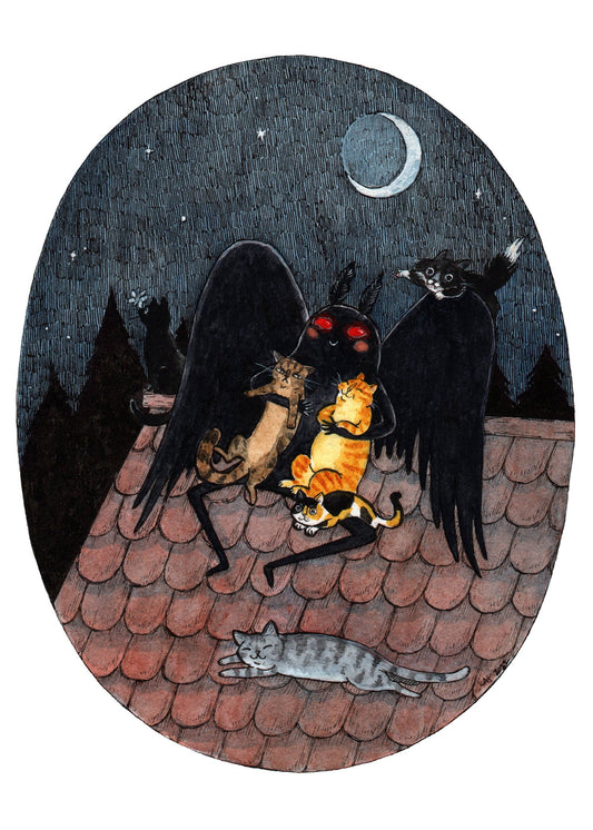 Stupid Animal Shop - Meowthman - Mothman with Cats - Cryptids Horror Cats Print