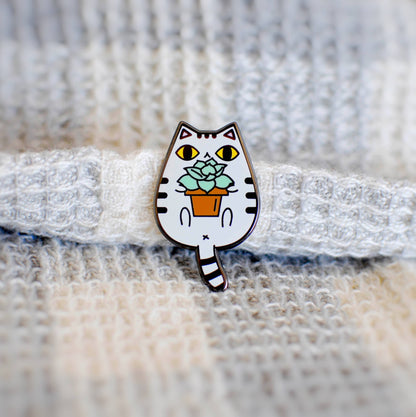 Gray Tabby Cat And Succulent Plant Enamel Pin