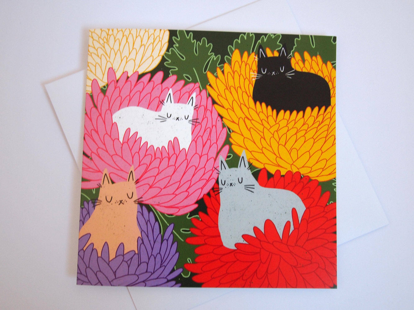 I LIKE CATS - Cats and Chrysanthemum Square Decorative Greeting Card