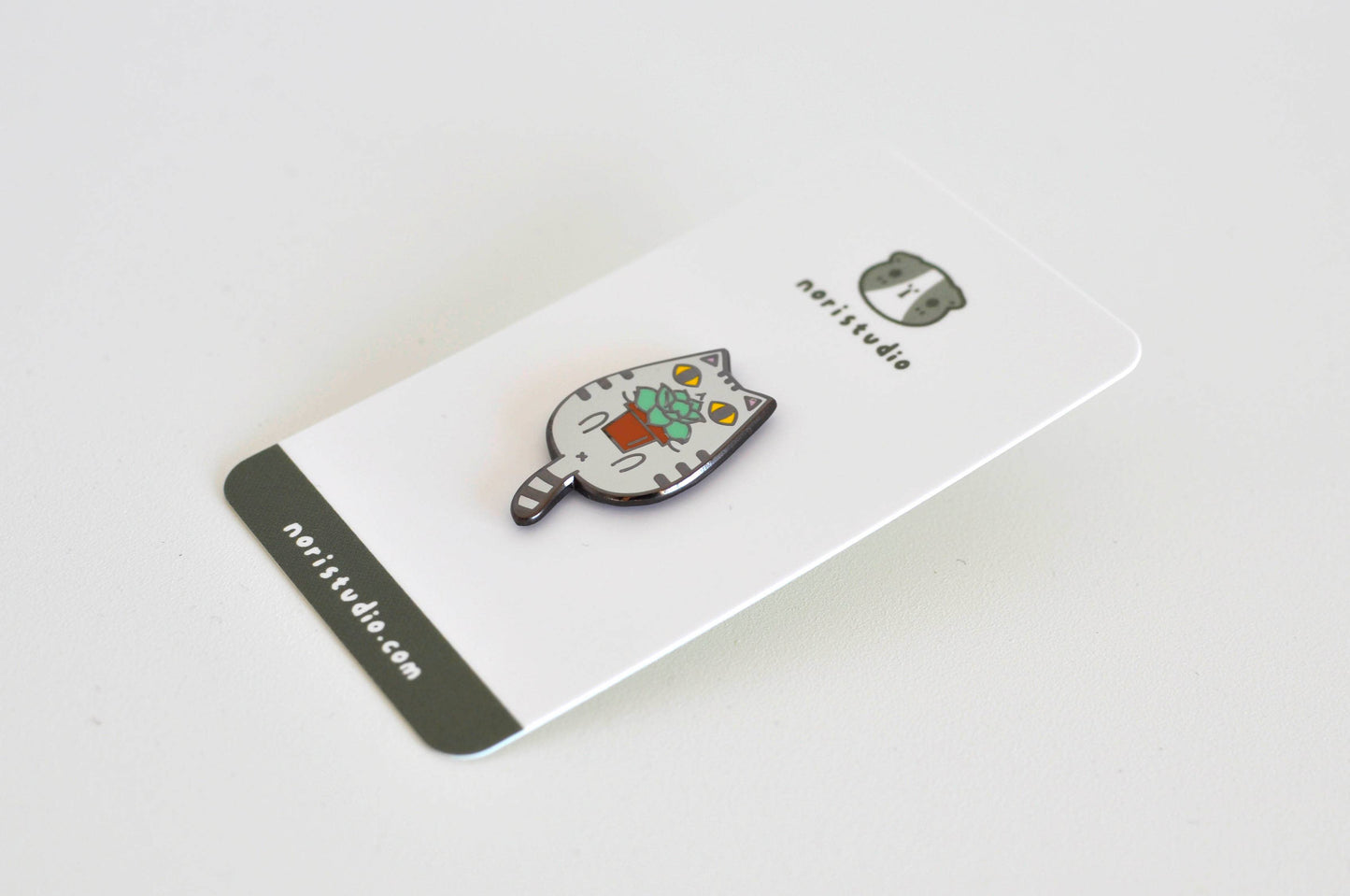 Gray Tabby Cat And Succulent Plant Enamel Pin