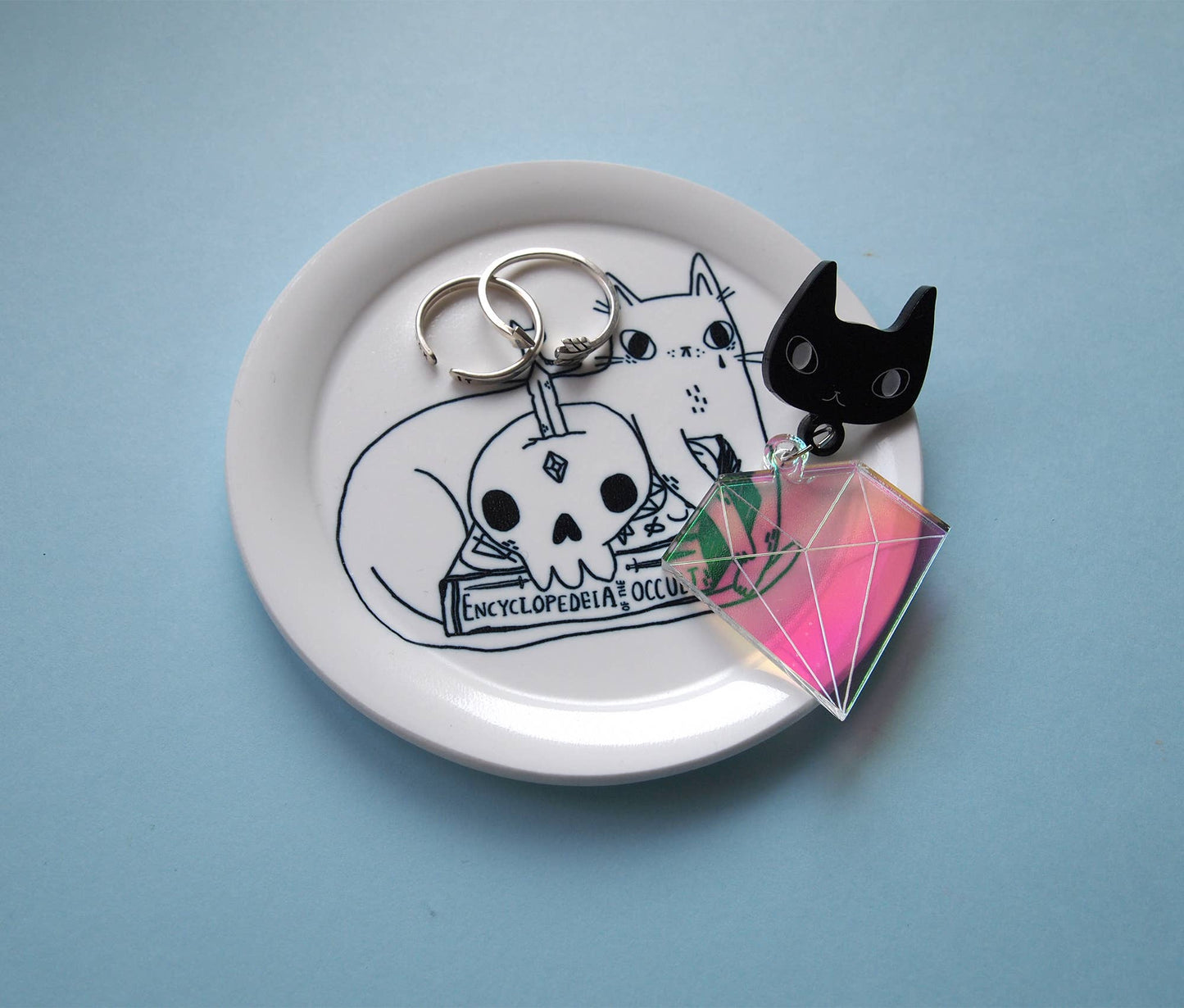 Spooky cat with books illustrated trinket dish, ring dish