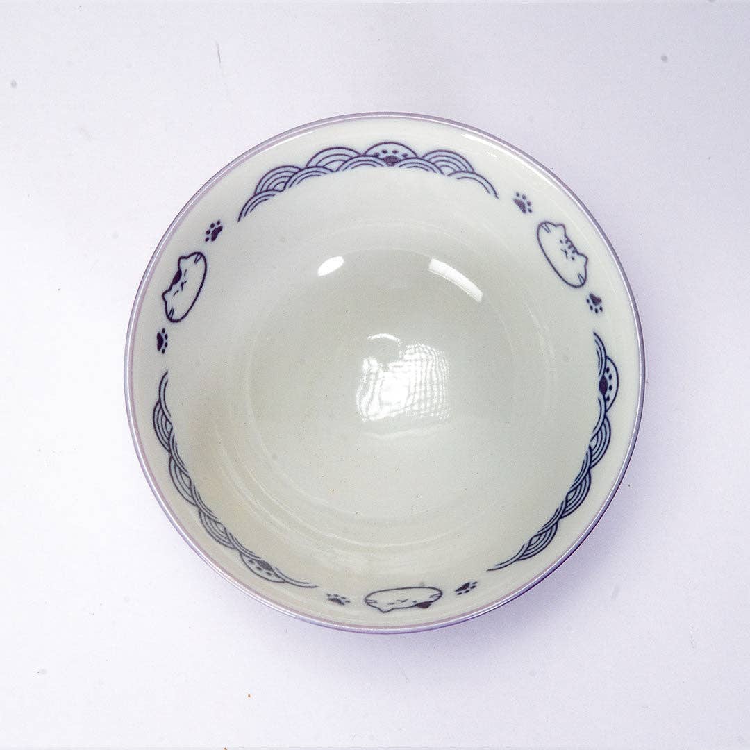 Seikaiha Neko Design 10oz 4.5"Dia x 2.5"H Porcelain Rice Bowl Purple