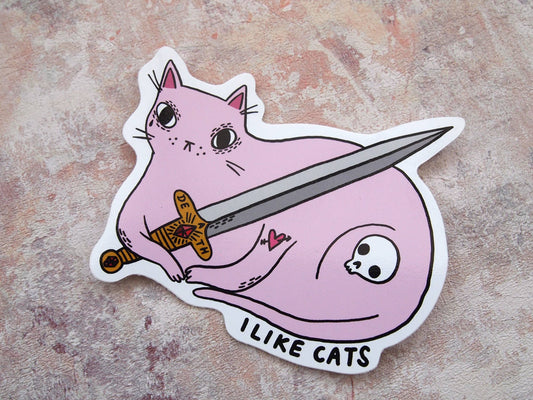 Pink cat with sword illustrated vinyl sticker