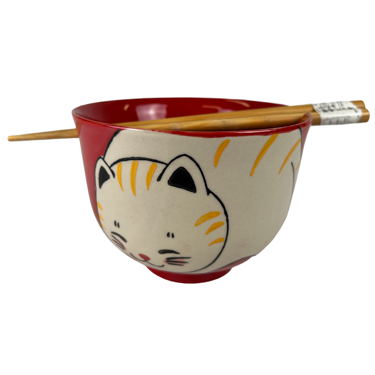 18oz 5"D Donburi Bowl With Chopsticks Set Chubby Cat Design Red