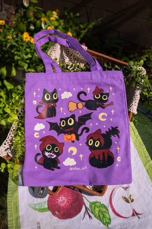 MikouArt - Vampire Cats Cotton Tote Bag | Inner Pocket + Zipper | 100% Cotton | Gift for Cat Lovers | Handmade, Durable and Functional