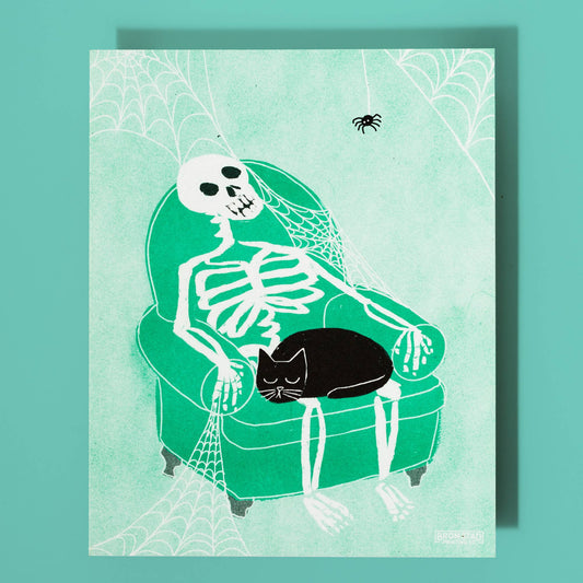 Skeleton Lap Cat Risograph Print