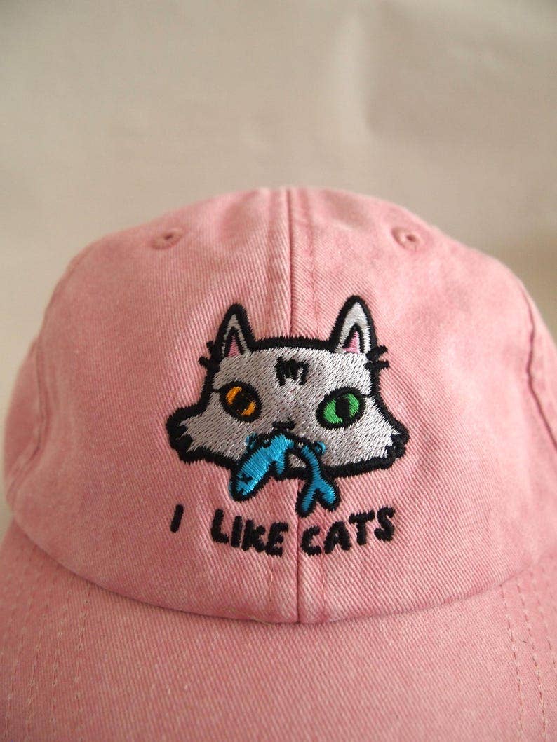 Cat face I Like Cats embroidered washed pink vintage style baseball cap