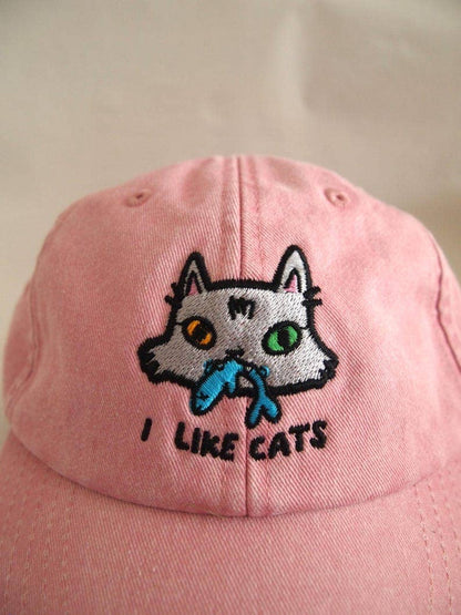 Cat face I Like Cats embroidered washed pink vintage style baseball cap