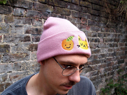 Dusky Pink Cat & Fruit Embroidered Knitted Beanie Hat