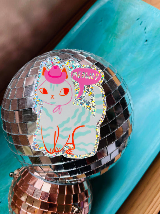 Meowdy the country cat glitter sticker