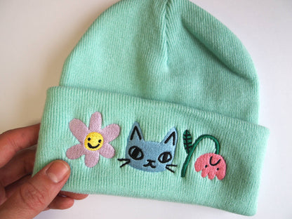 Cat and Flowers Embroidered Knitted mint Beanie Hat