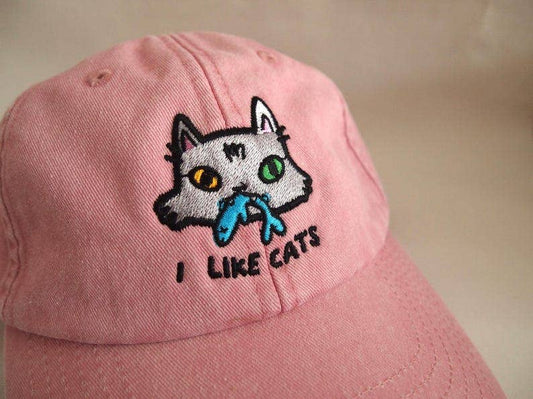 Cat face I Like Cats embroidered washed pink vintage style baseball cap