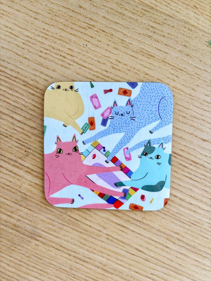 Cats playing board games illustrated drinks coaster