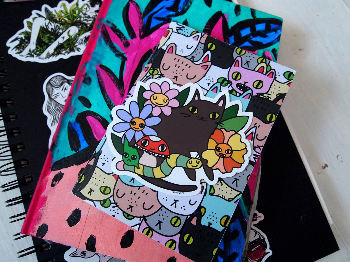 Black cat with flowers, bugs and mushroom vinyl sticker