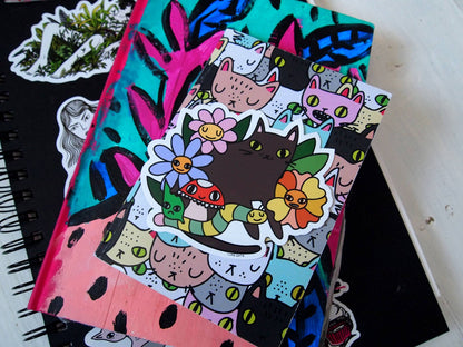 Black cat with flowers, bugs and mushroom vinyl sticker