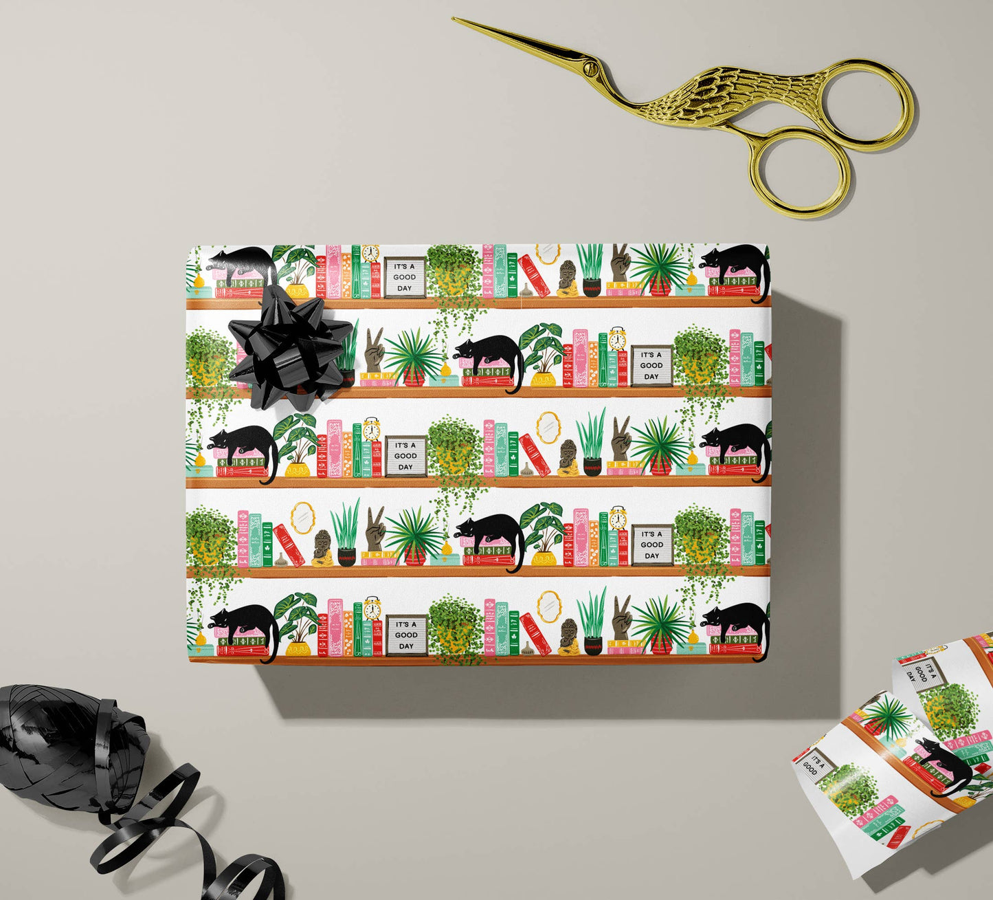 Lucy Loves Paper - Book Shelf Cat | 7ft Continuous Roll Wrapping Paper