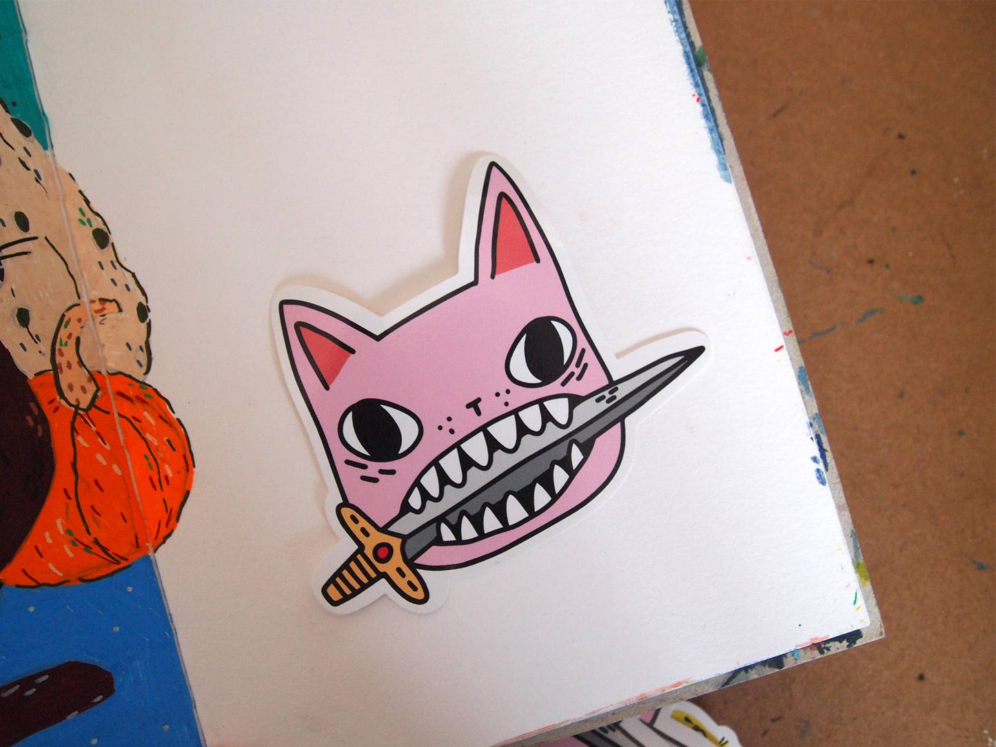 Pink cat illustrated vinyl sticker