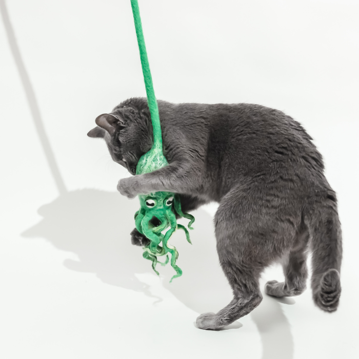 Wool Octopus Cat Toy with 4-Foot Tether - blue, green