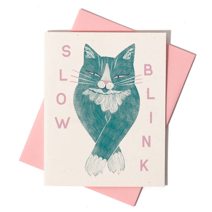 Slow Blink Cat - Risograph Greeting Card