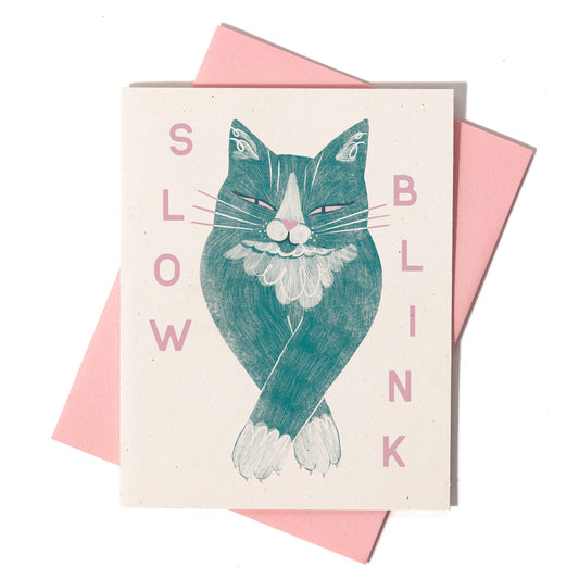 Slow Blink Cat - Risograph Greeting Card