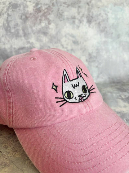 I LIKE CATS - Embroidered cat face pink vintage style baseball cap