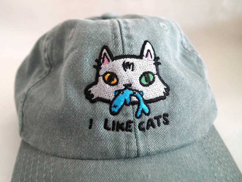 I LIKE CATS embroidered washed sage green vintage style baseball cap