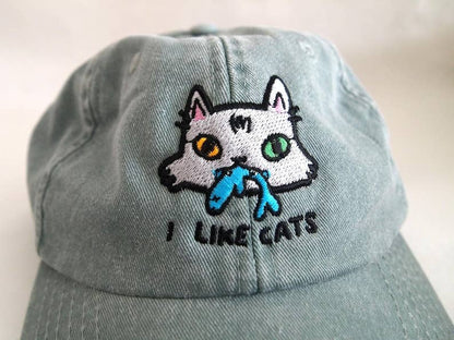 I LIKE CATS embroidered washed sage green vintage style baseball cap