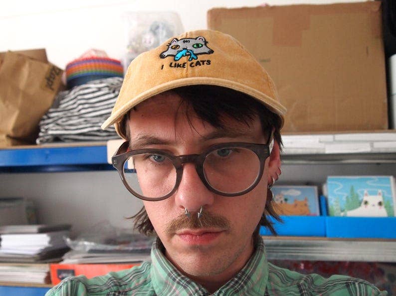 I Like Cats embroidered washed yellow vintage style baseball cap