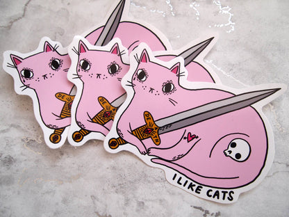 Pink cat with sword illustrated vinyl sticker