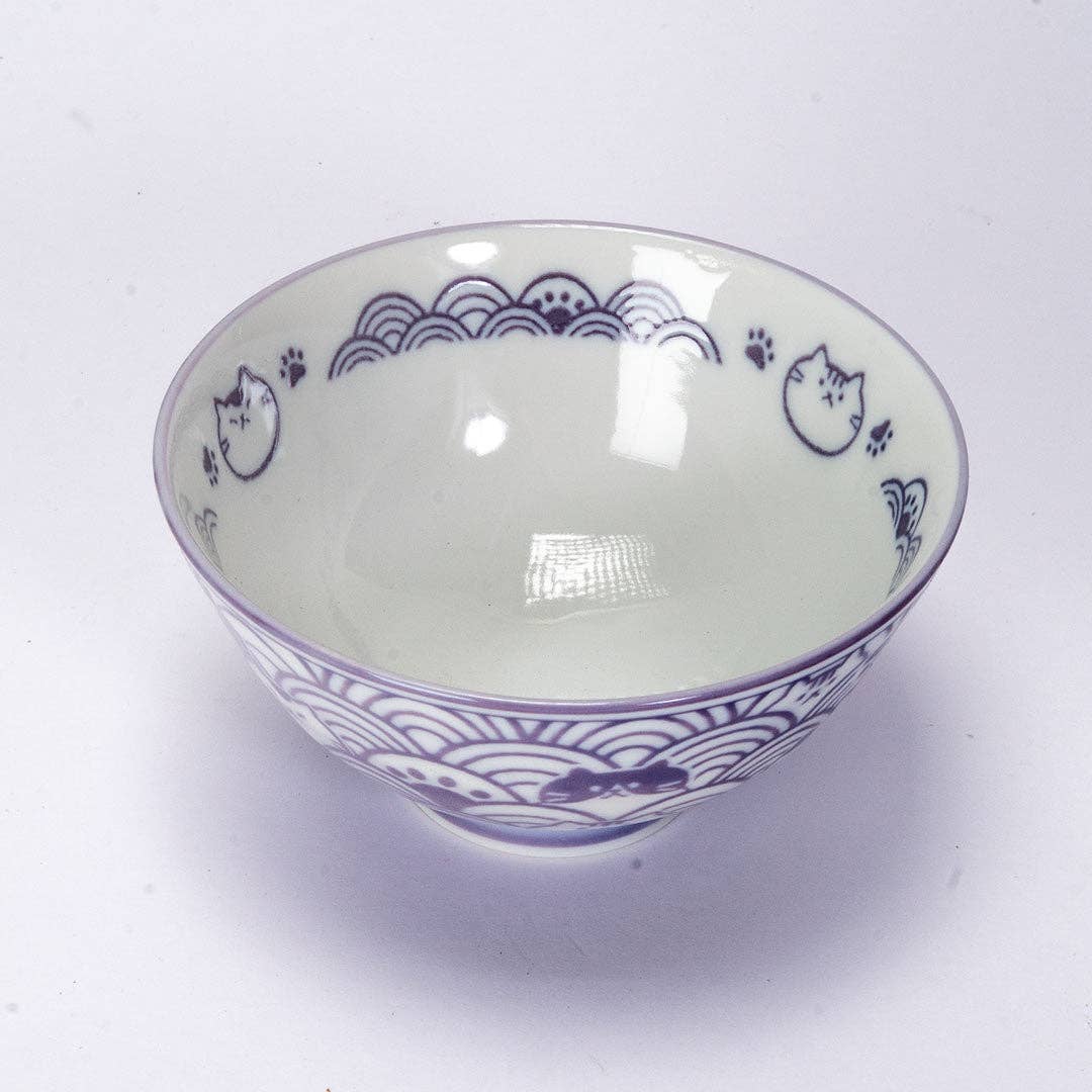 Seikaiha Neko Design 10oz 4.5"Dia x 2.5"H Porcelain Rice Bowl Purple