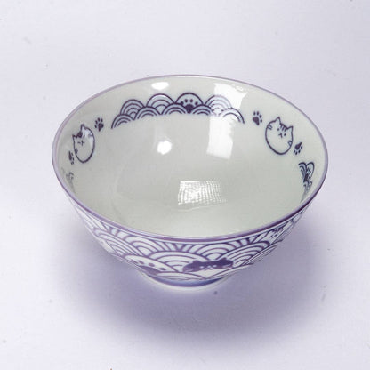 Seikaiha Neko Design 10oz 4.5"Dia x 2.5"H Porcelain Rice Bowl Purple