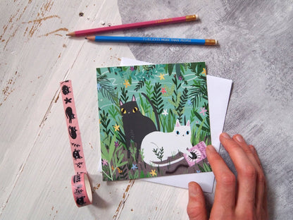 I LIKE CATS - Bug spotting cats illustrated Cat Greetings Card
