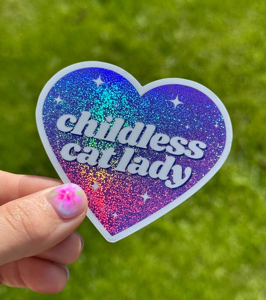 Childless Cat Lady Purple Glittery Heart Sticker