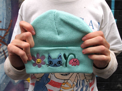Cat and Flowers Embroidered Knitted mint Beanie Hat