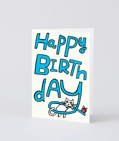 ‘Happy Birthday Cat & Present' Embossed Greetings Card