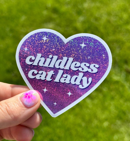Childless Cat Lady Purple Glittery Heart Sticker