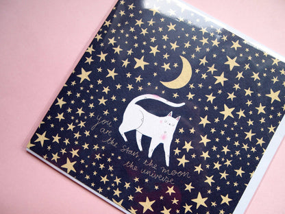 I LIKE CATS - Romantic Cat, Moon and Stars Greetings Card