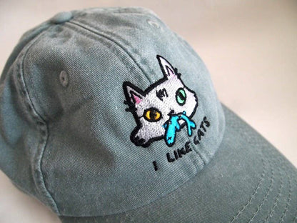 I LIKE CATS embroidered washed sage green vintage style baseball cap