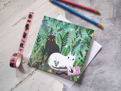 I LIKE CATS - Bug spotting cats illustrated Cat Greetings Card