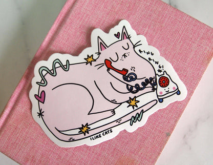 Illustrated Cat With Phone Vinyl Decal Sticker