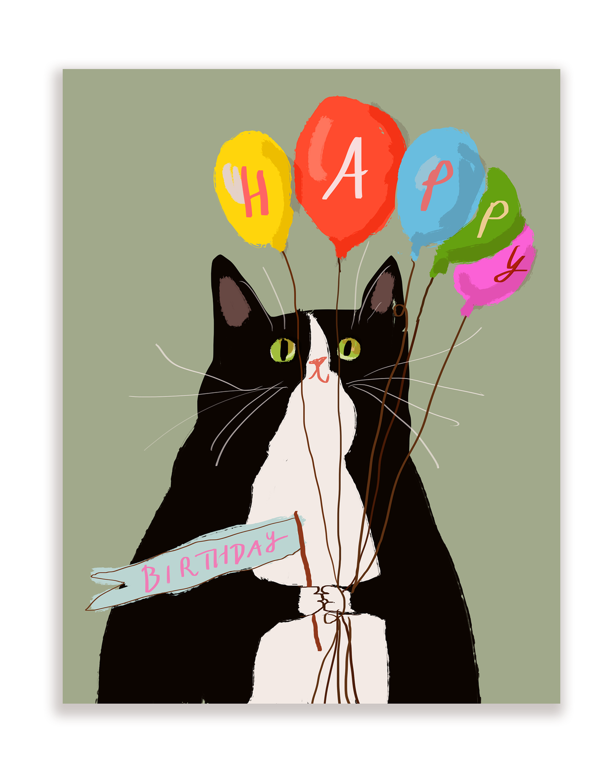 Happy Birthday Card - Tuxedo Cat with Balloons