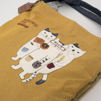 Kusuguru Japan Three Cats Embroidered Large Tote Bag -Yellow