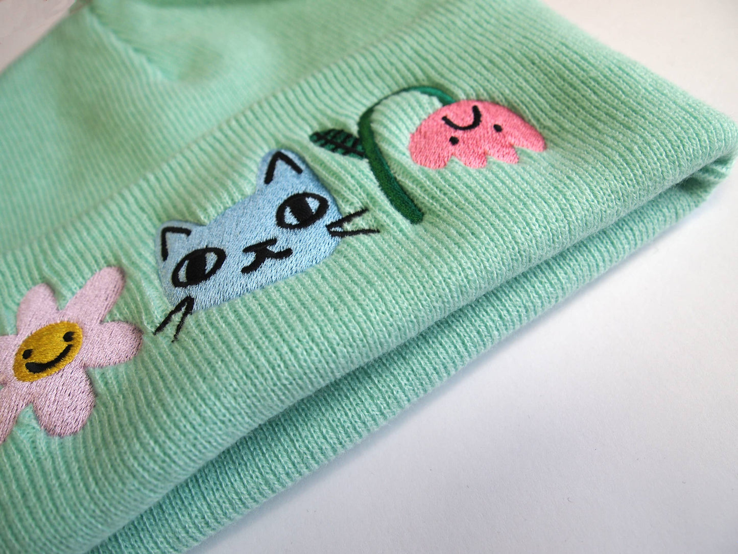 Cat and Flowers Embroidered Knitted mint Beanie Hat