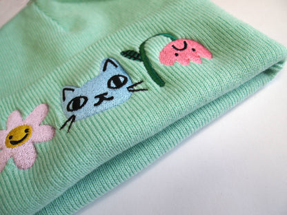 Cat and Flowers Embroidered Knitted mint Beanie Hat