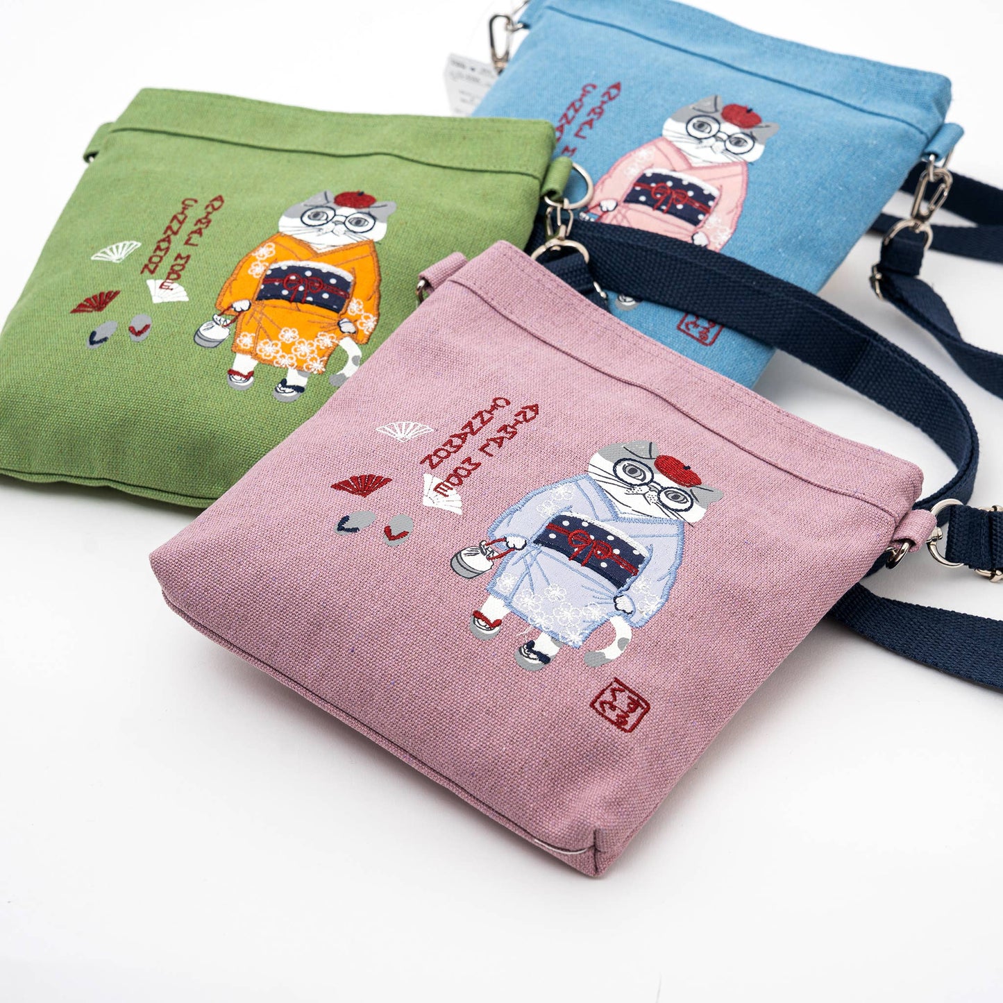 Kusuguru Japan Embroidered Kimono Cat Crossbody Bag