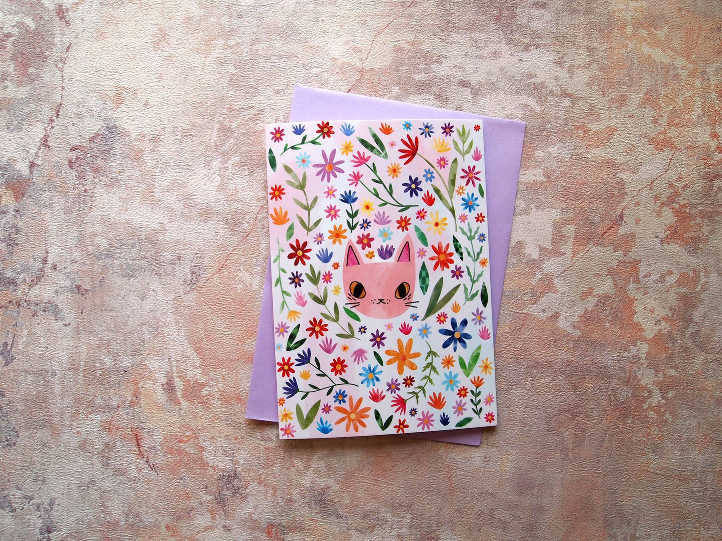 I LIKE CATS - Cat Face and Flowers Birthday Greetings Card